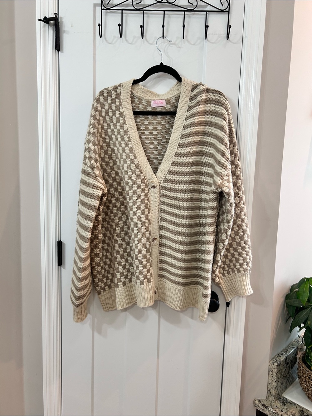 Pink Lily Cream and Beige Patterned V-Neck Button Cardigan